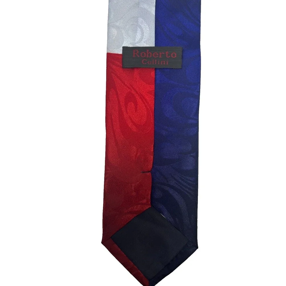 Roberto Cellini Texas Flag Tie Red White Blue Gray Star Scroll 58”x 3.75